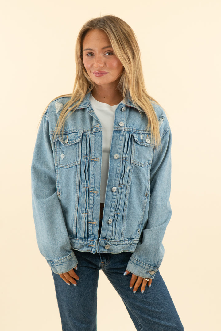 AUCTION customized old navy "GG" distressed denim jacket (l)
