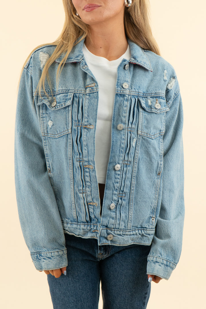 AUCTION customized old navy "GG" distressed denim jacket (l)