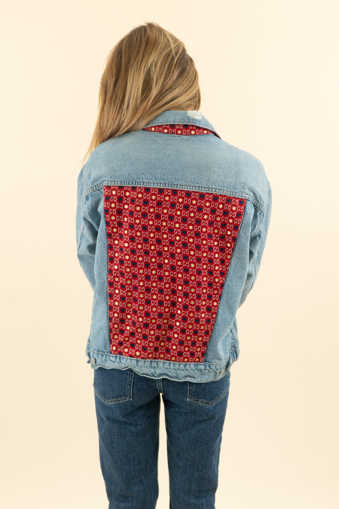 AUCTION customized old navy "GG" distressed denim jacket (l)