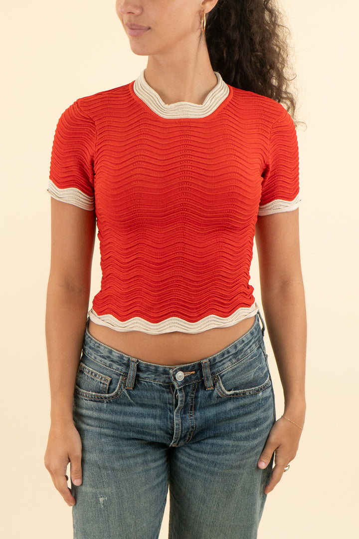 AUCTION retrofete red and beige short sleeve shimmer top (m)
