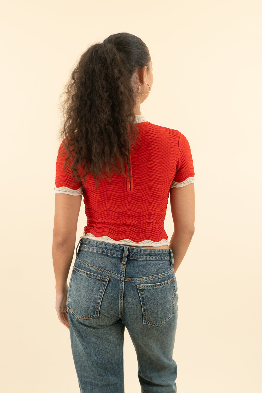 AUCTION retrofete red and beige short sleeve shimmer top (m)