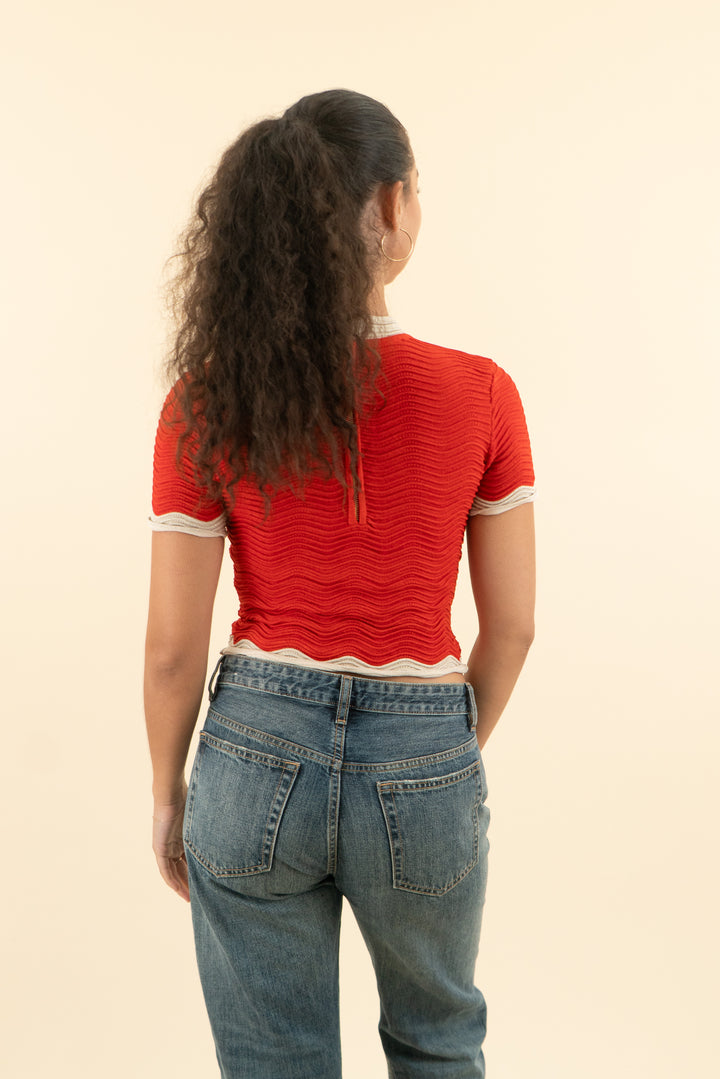 AUCTION retrofete red and beige short sleeve shimmer top (m)