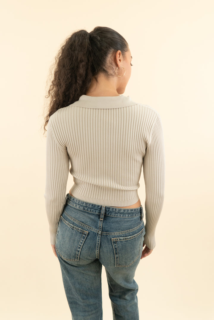 jonathan simkhai taupe ribbed long sleeve button down top (m; retail $325)