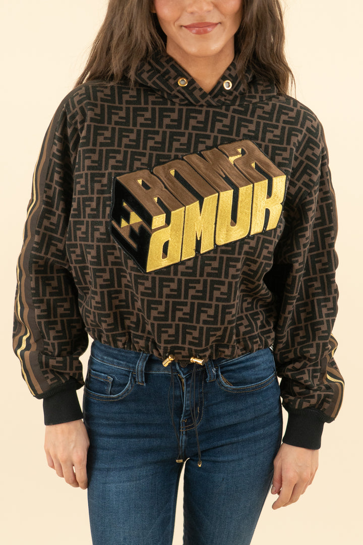 AUCTION fendi brown logo "roma" embroidered crop hoodie (s; retail $1,400)