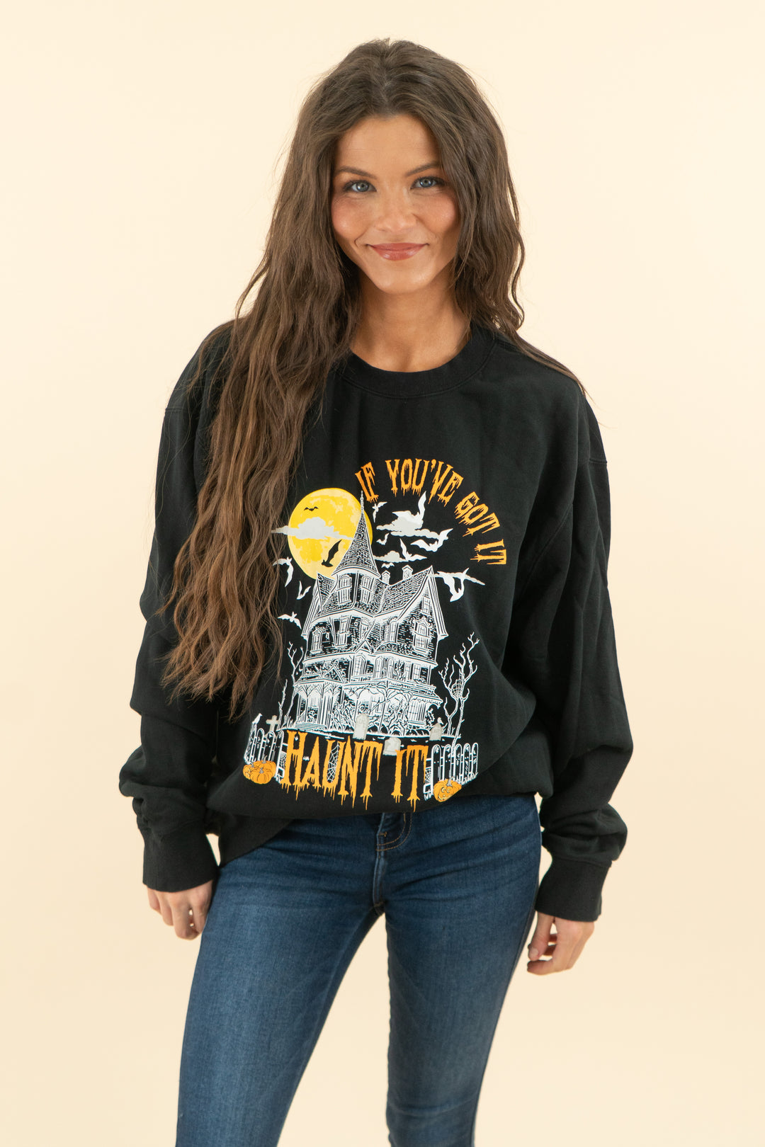 living fully co black halloween "if you've got it haunt it" graphic crew neck sweatshirt (l; retail $80)