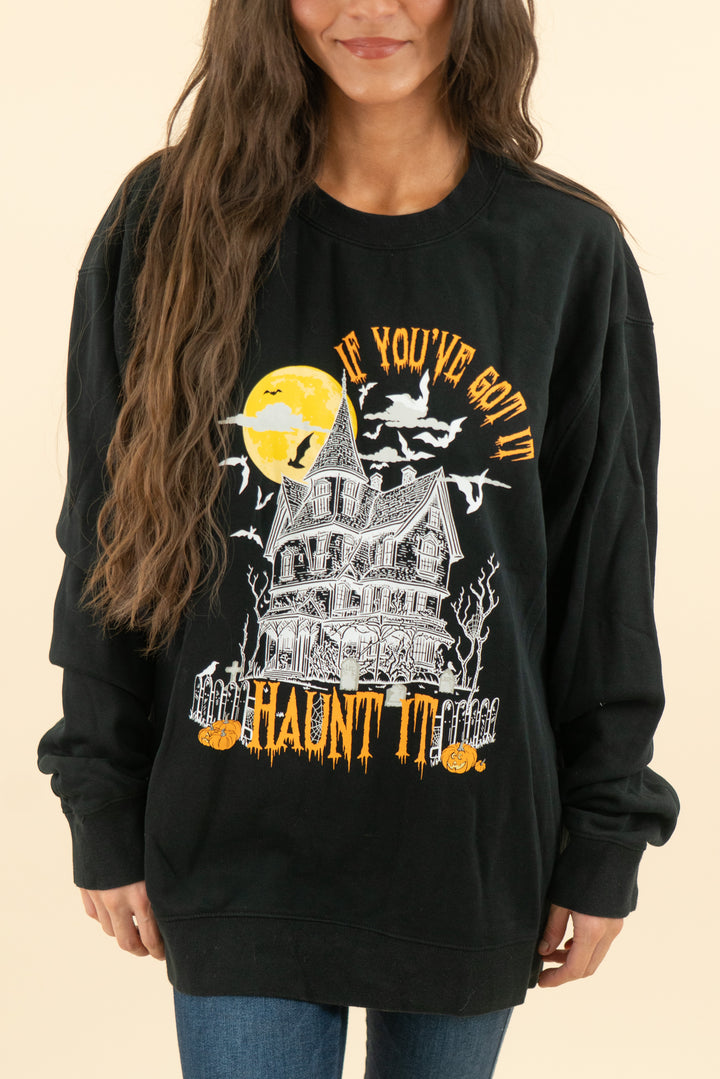 living fully co black halloween "if you've got it haunt it" graphic crew neck sweatshirt (l; retail $80)