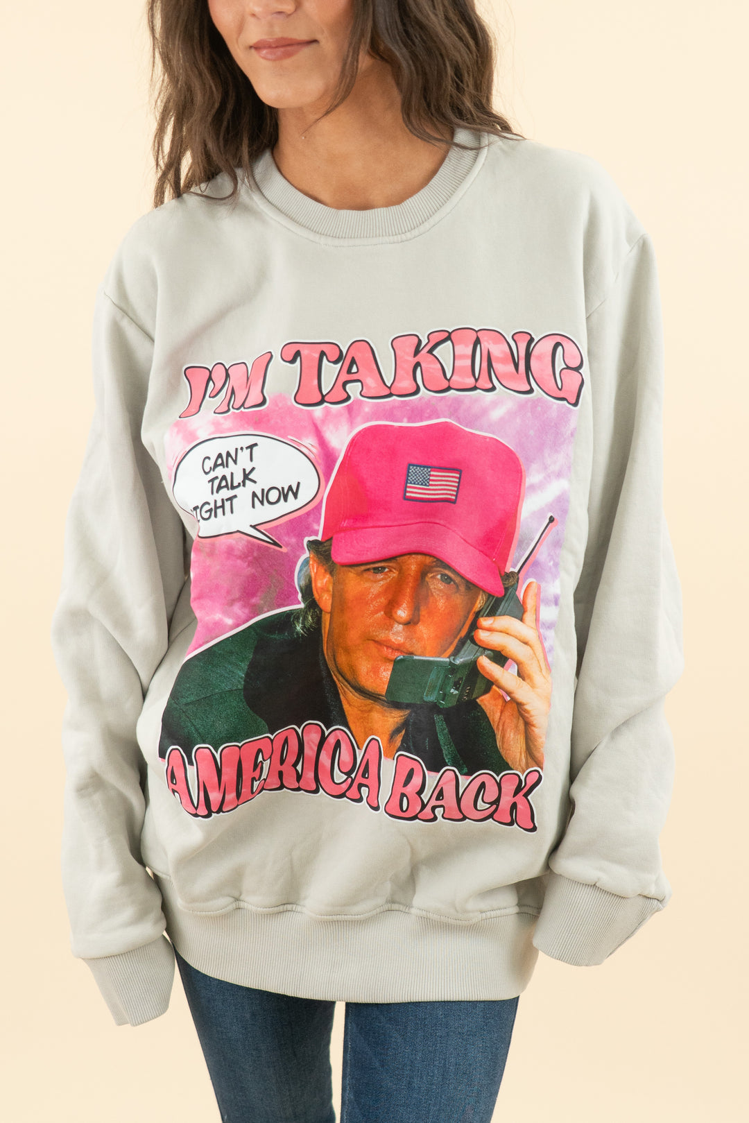 AUCTION maga merch taupe "im taking america back" crewneck sweatshirt (l)