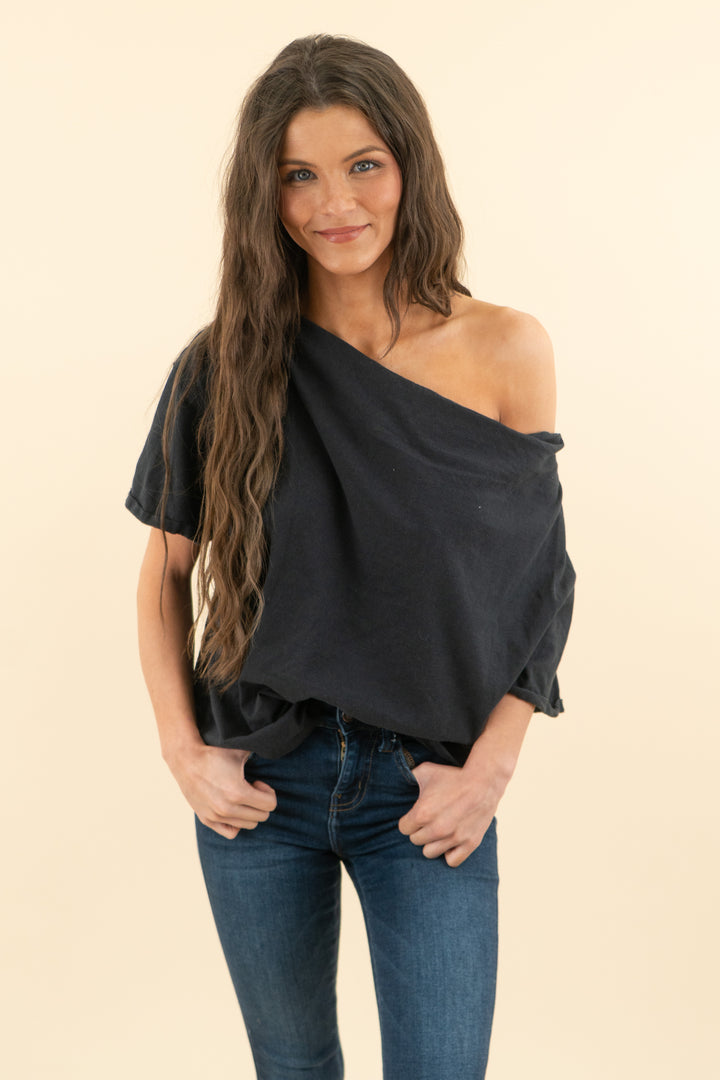 nuuds black off the shoulder oversized tee (s; retail $58)