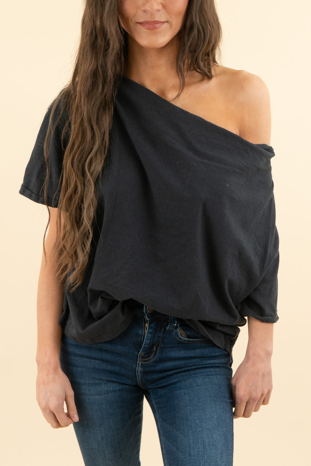 nuuds black off the shoulder oversized tee (s; retail $58)