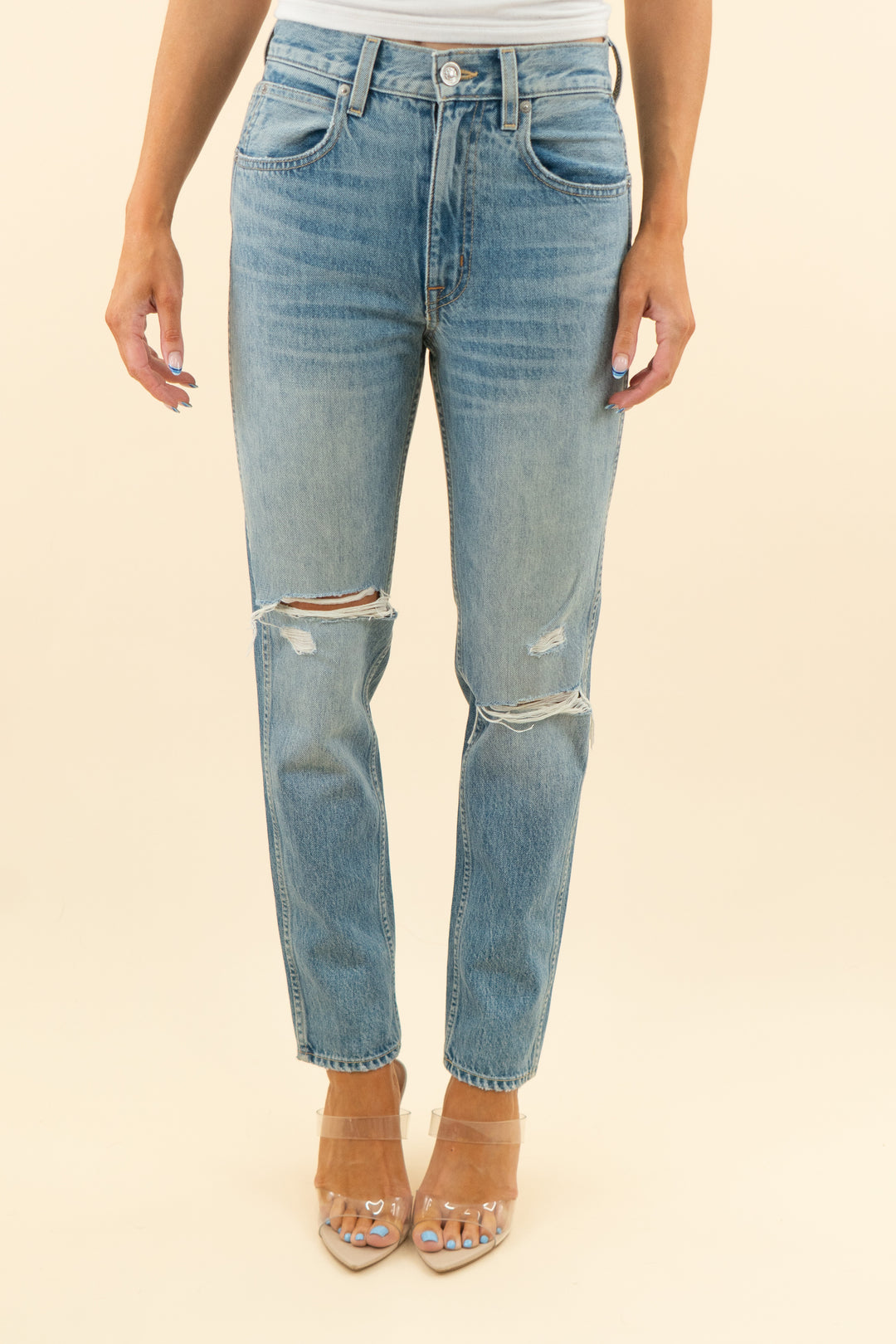 slvrlake medium wash distressed slim jeans (26; retail $330)