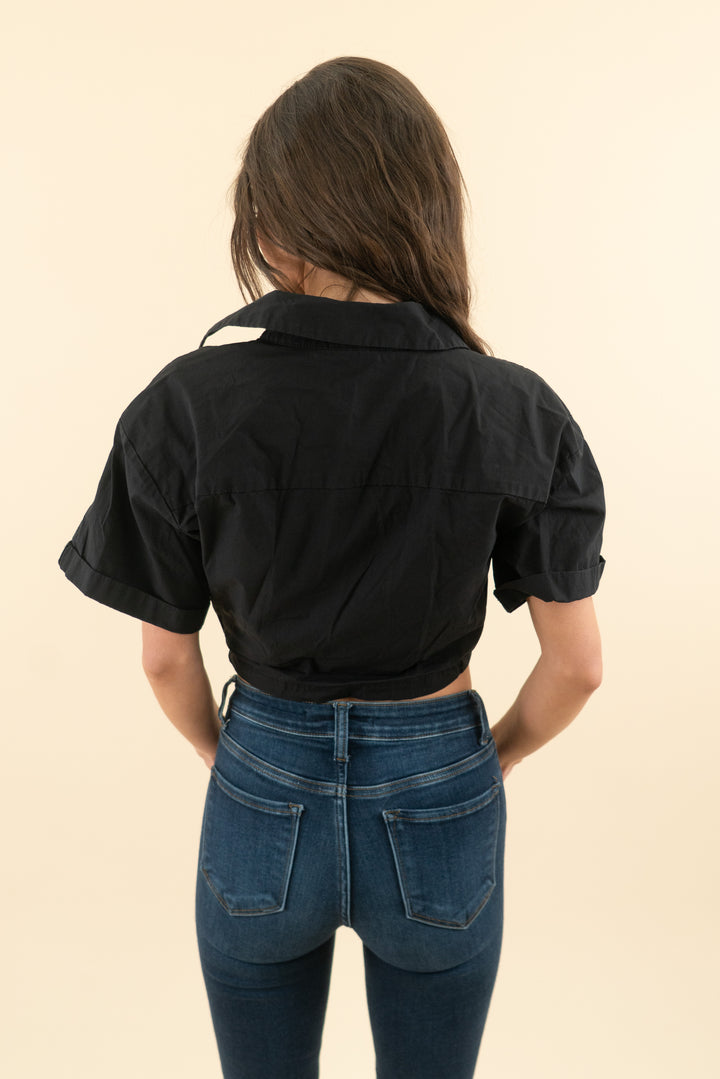 AUCTION zara black linen cropped crossover collared shirt (s)