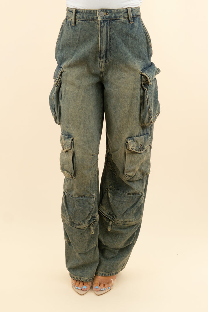 AUCTION afrm tan and denim washed slouch cargo jeans (26)