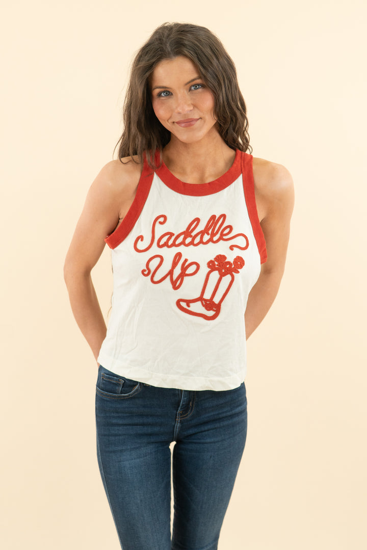 AUCTION wrangler cream and rust saddle up embroidered tank top (s)