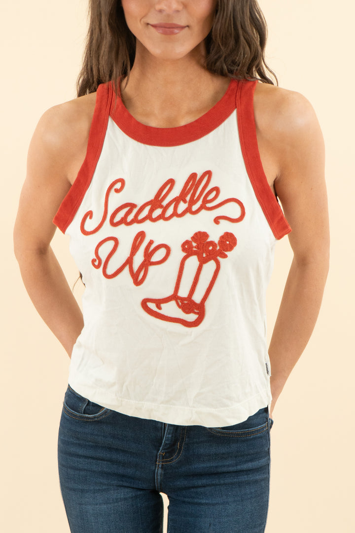 AUCTION wrangler cream and rust saddle up embroidered tank top (s)