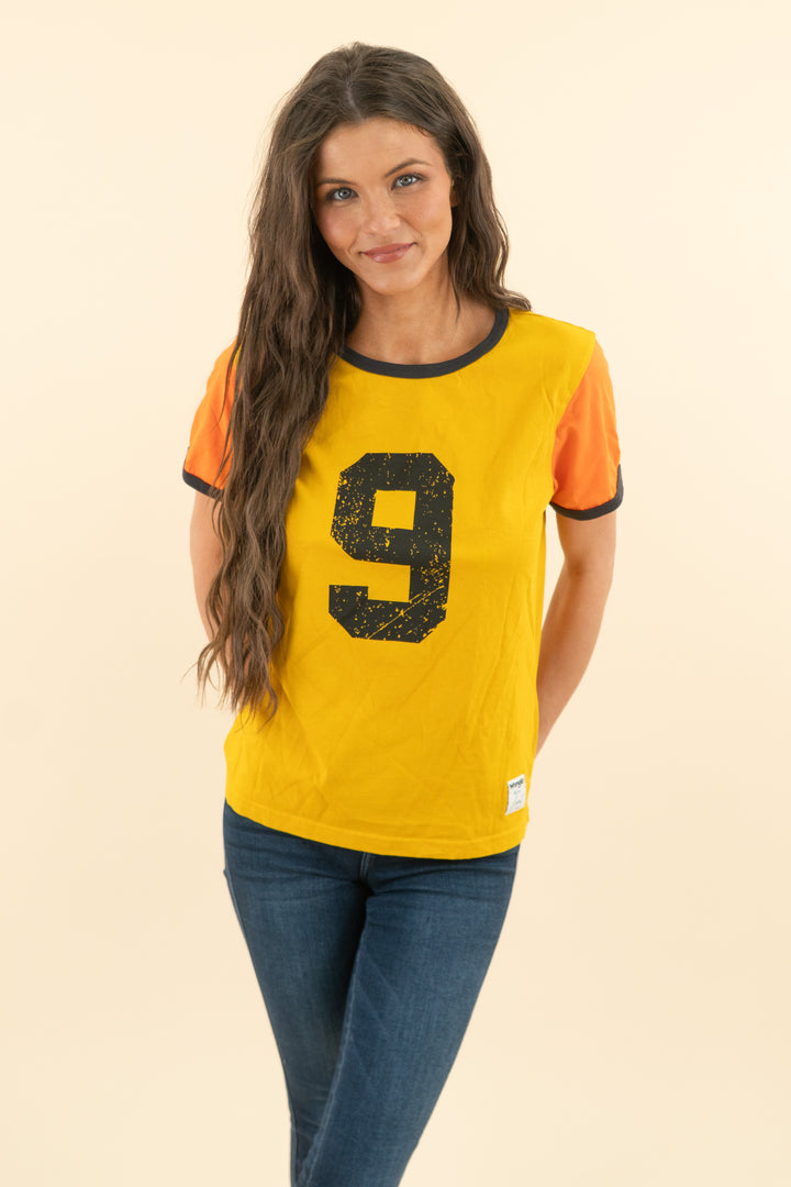wrangler with love yellow short sleeve varsity tee (m; retail $45)