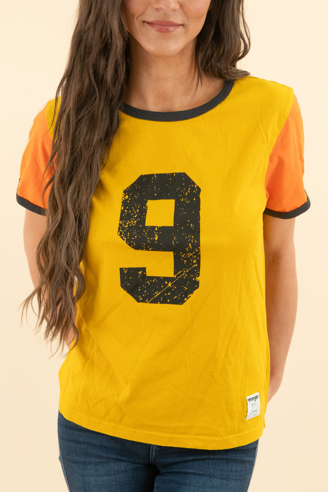 wrangler with love yellow short sleeve varsity tee (m; retail $45)