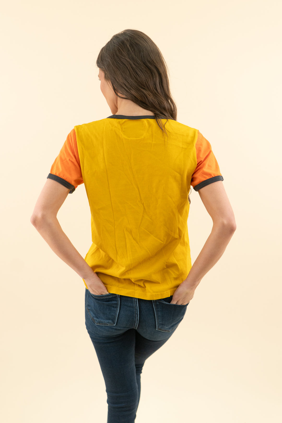 wrangler with love yellow short sleeve varsity tee (m; retail $45)
