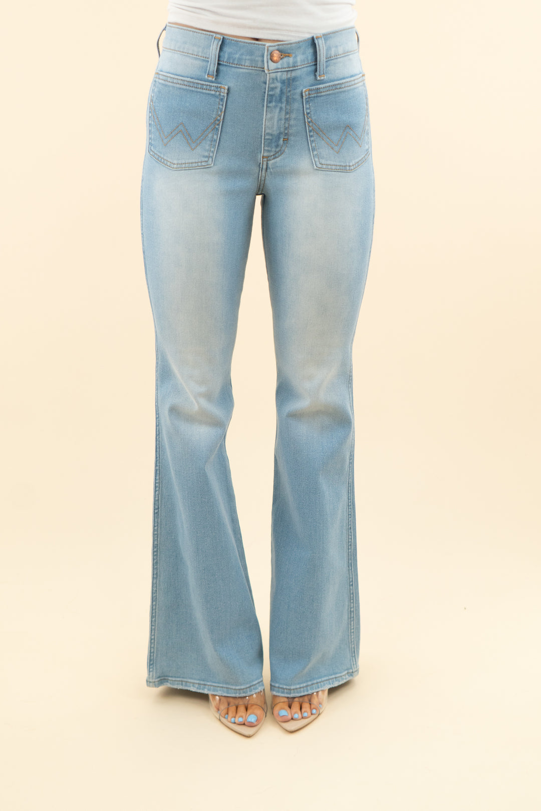 wrangler light wash high rise flare jeans (27; retail $79.99)
