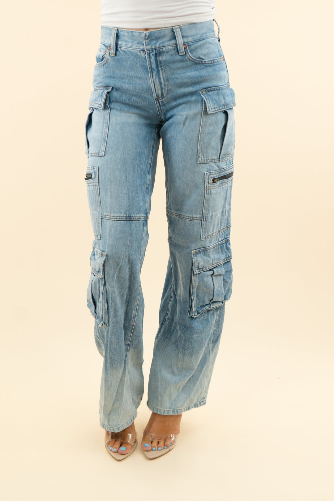 alice + olivia light was cargo jeans (25; retail $395)