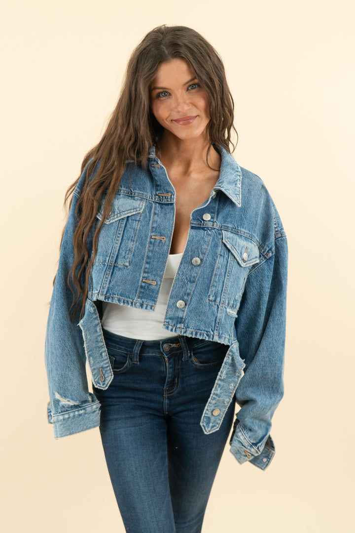 AUCTION zara medium washed slight distressed cropped jean jacket (s)