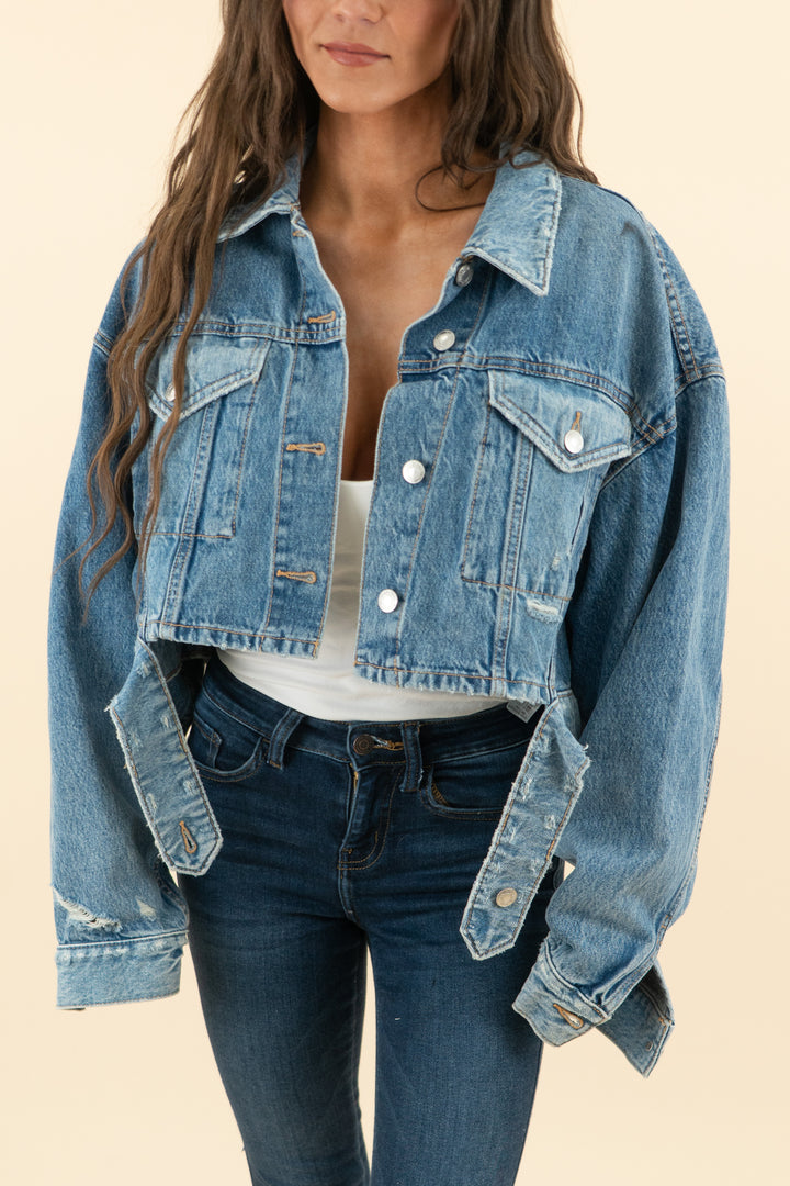 AUCTION zara medium washed slight distressed cropped jean jacket (s)