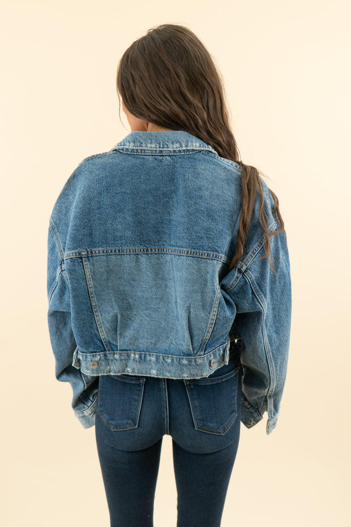 AUCTION zara medium washed slight distressed cropped jean jacket (s)
