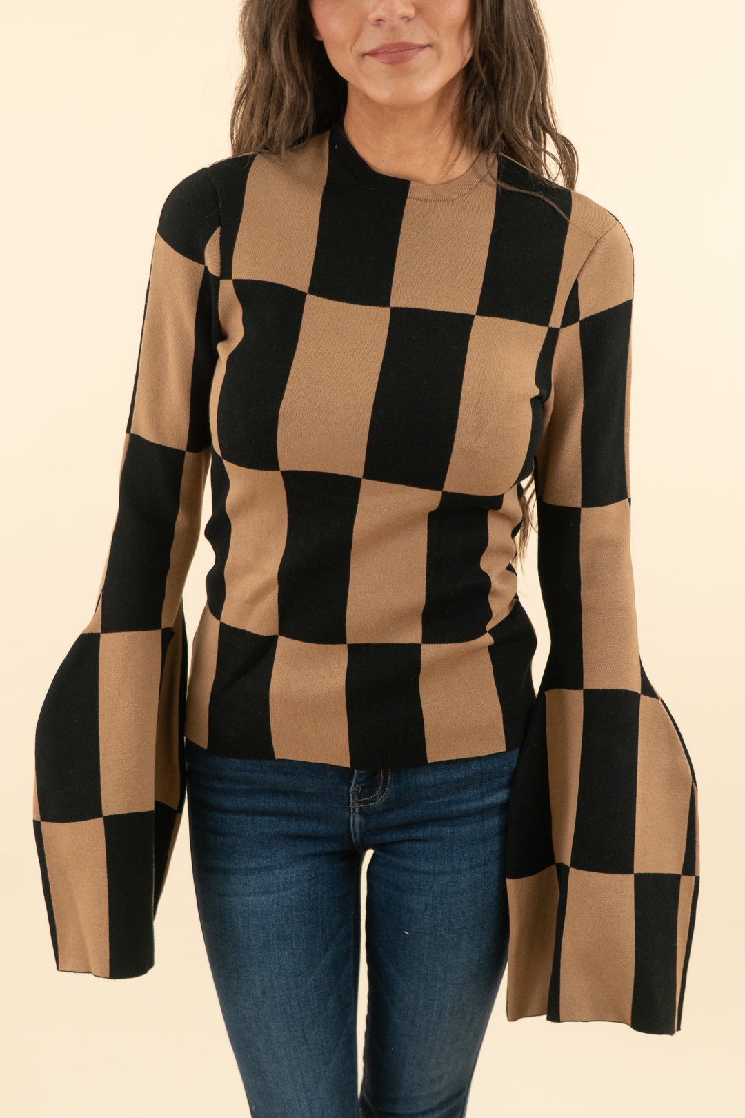 AUCTION awake mode black brown checkered knit long sleeve top & pants set (s)