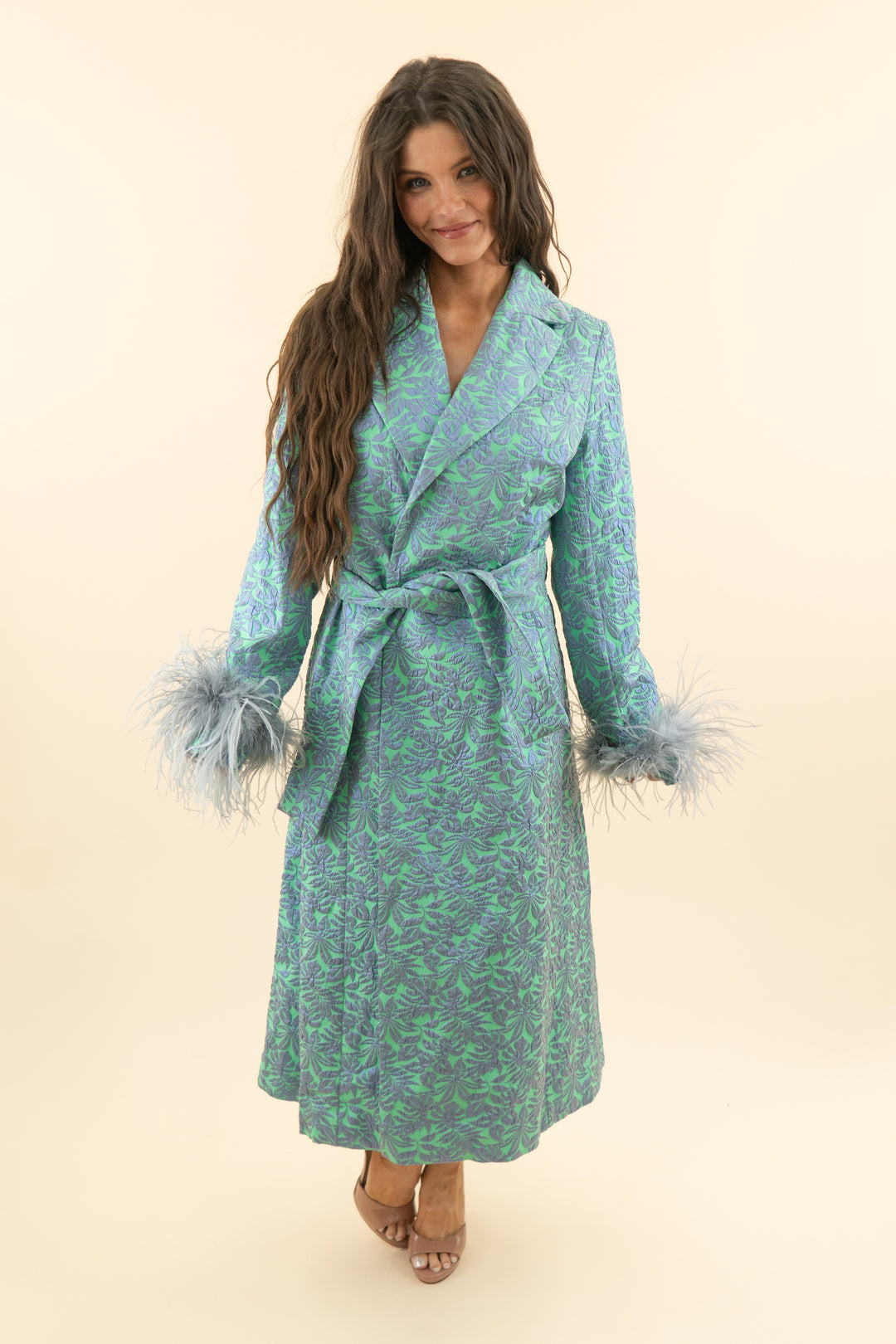 AUCTION andreeva lime green and blue metallic jacquard feather cuff coat (xs)