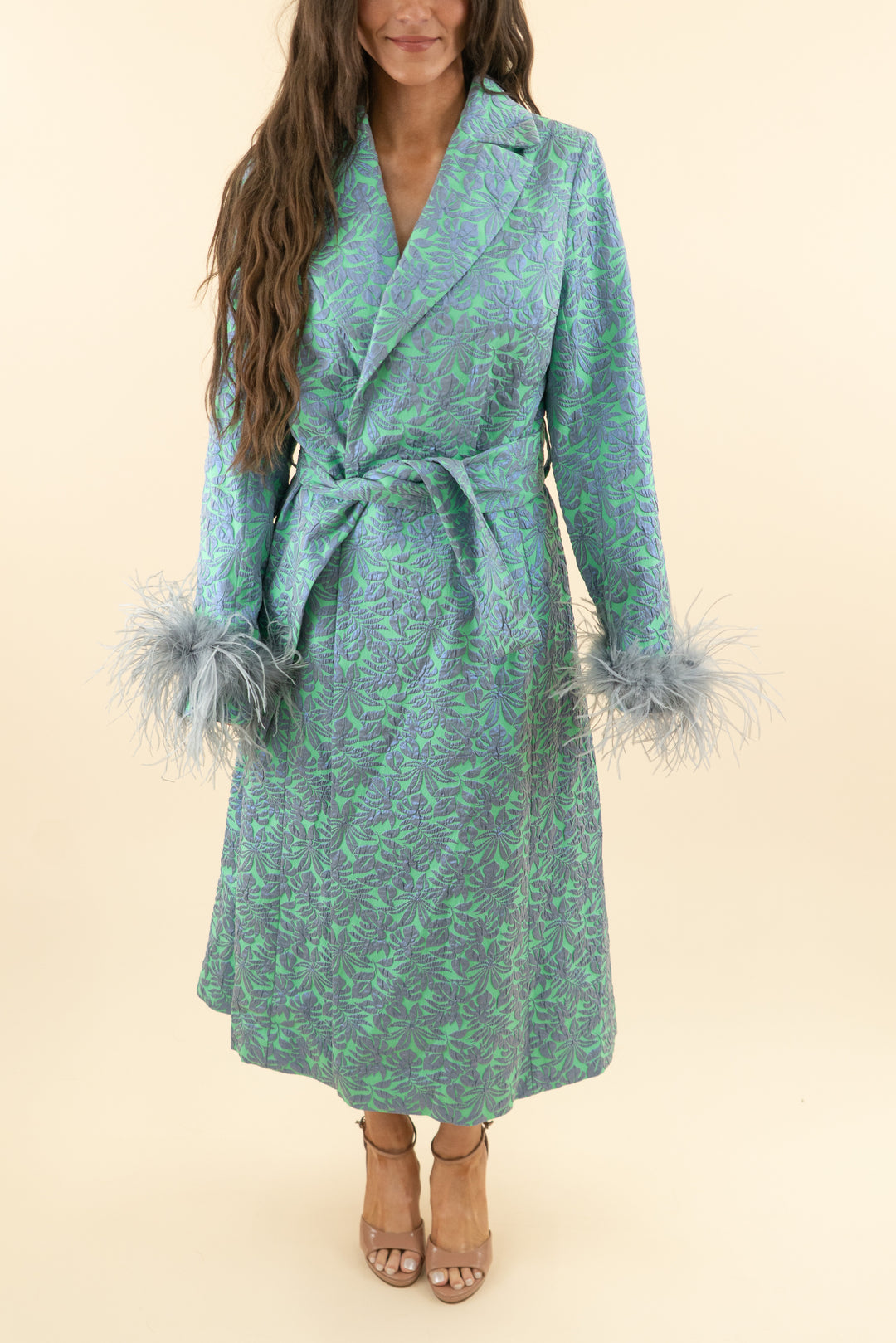 AUCTION andreeva lime green and blue metallic jacquard feather cuff coat (xs)