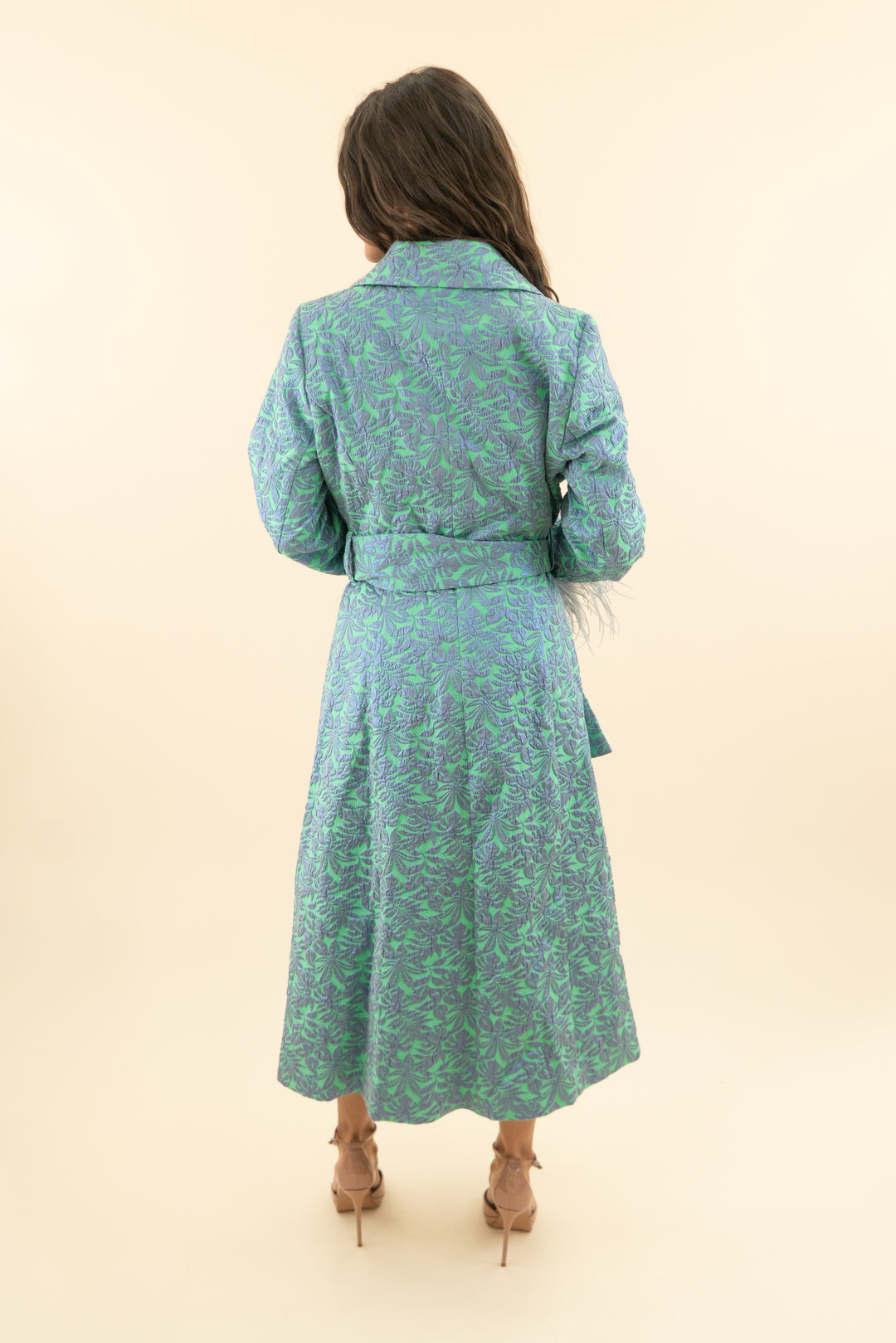 AUCTION andreeva lime green and blue metallic jacquard feather cuff coat (xs)