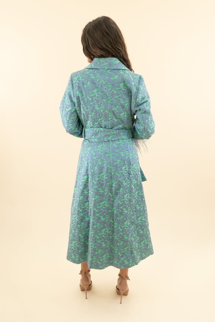 AUCTION andreeva lime green and blue metallic jacquard feather cuff coat (xs)