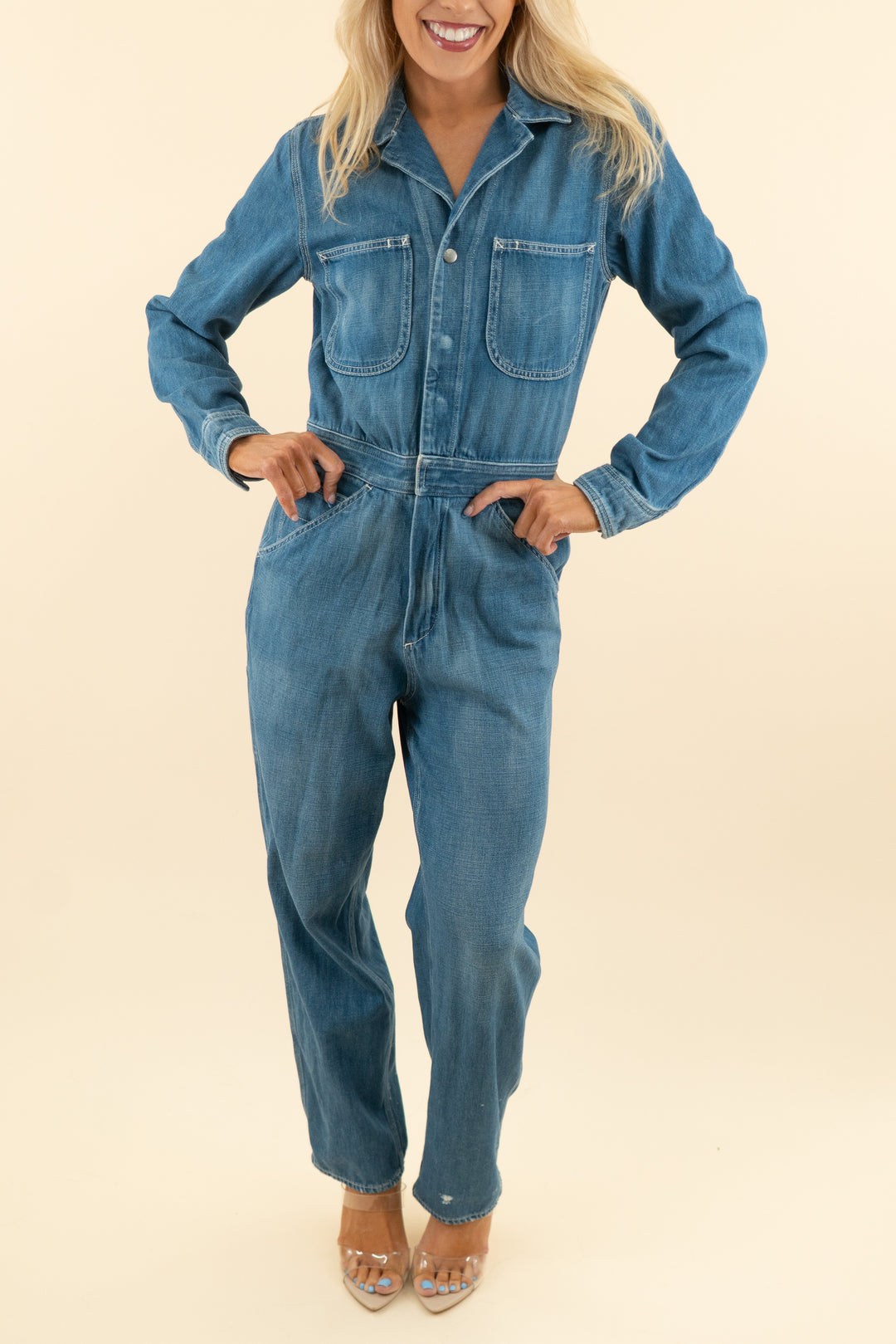 rag & bone medium wash denim jumpsuit (s; retail $498)