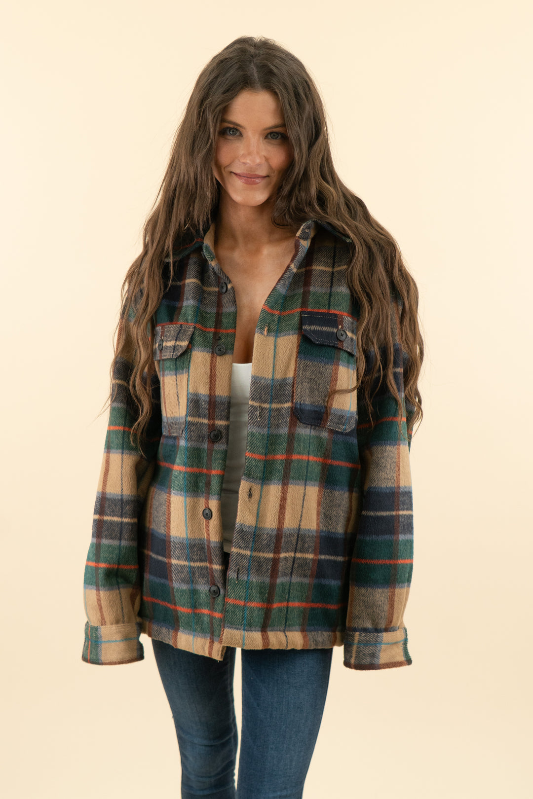 AUCTION zara navy tan plaid flannel jacket (l)