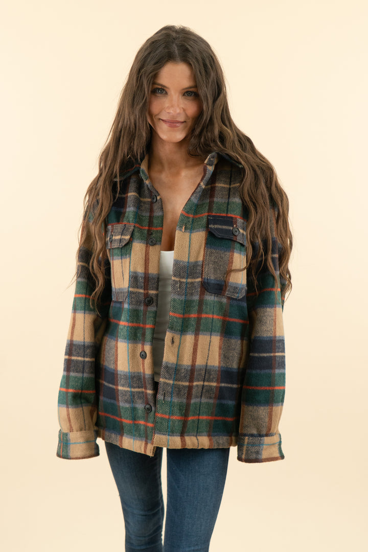 AUCTION zara navy tan plaid flannel jacket (l)