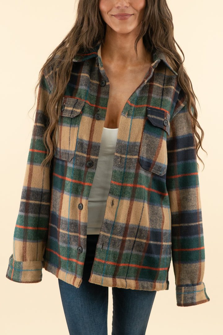 AUCTION zara navy tan plaid flannel jacket (l)
