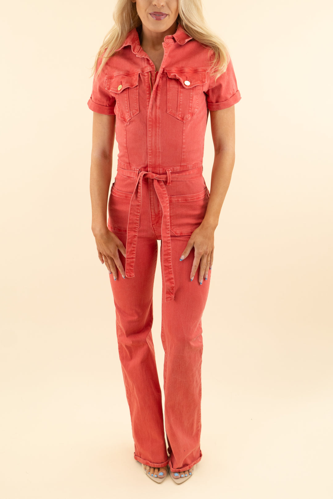 frame red denim short sleeve jumpsuit (s; $398)