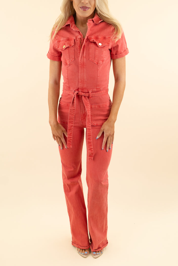 frame red denim short sleeve jumpsuit (s; $398)