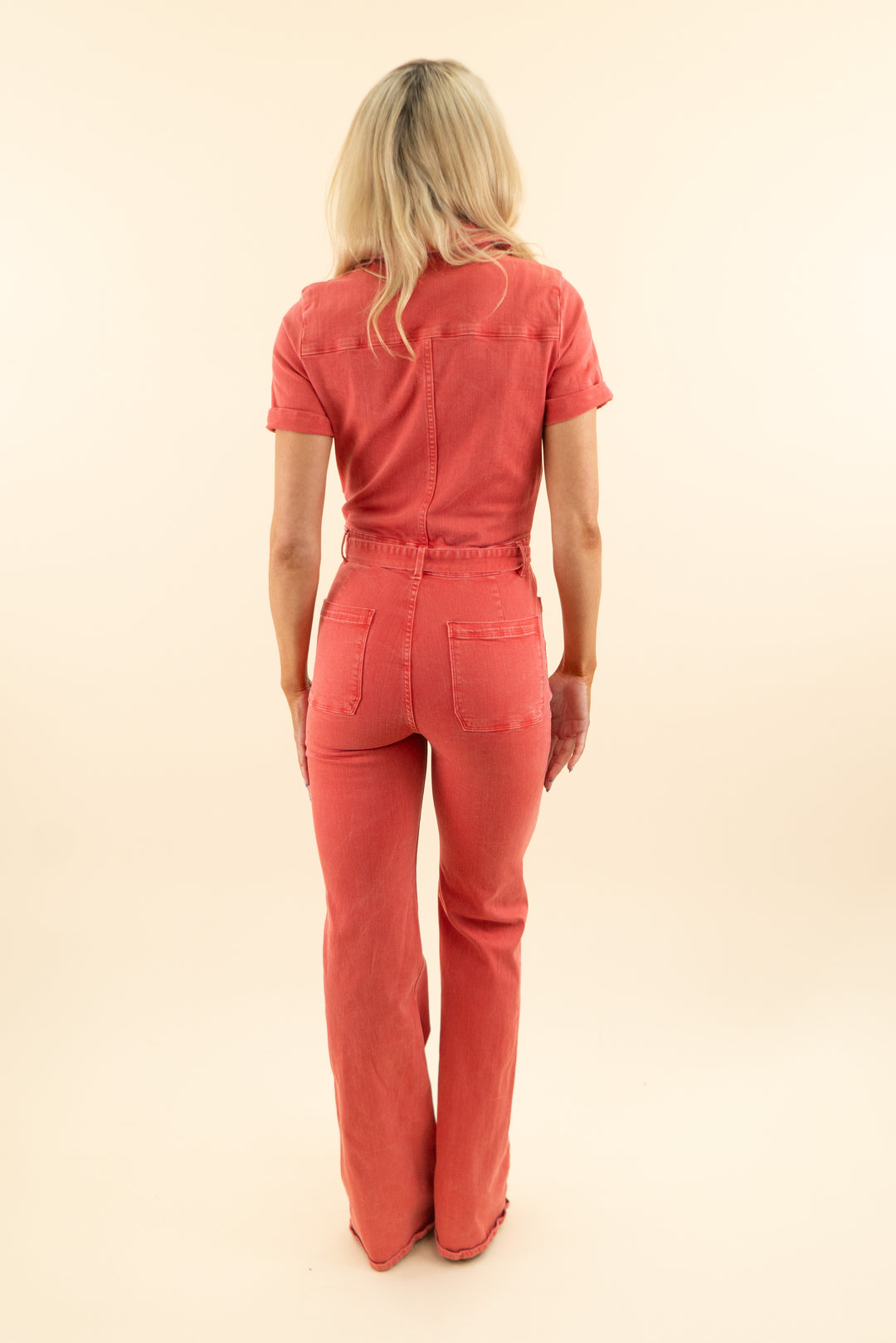 frame red denim short sleeve jumpsuit (s; $398)