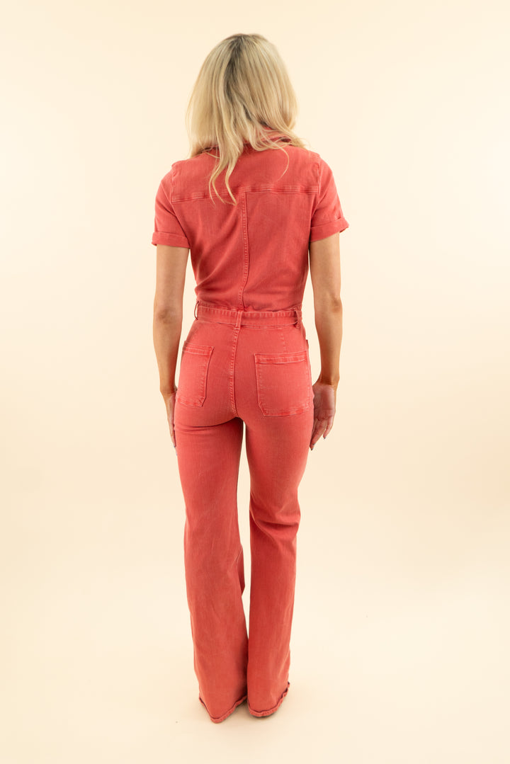 frame red denim short sleeve jumpsuit (s; $398)