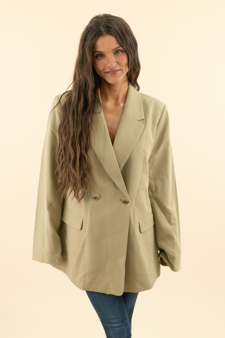 carly jean tan double breasted blazer (m; retail $98)
