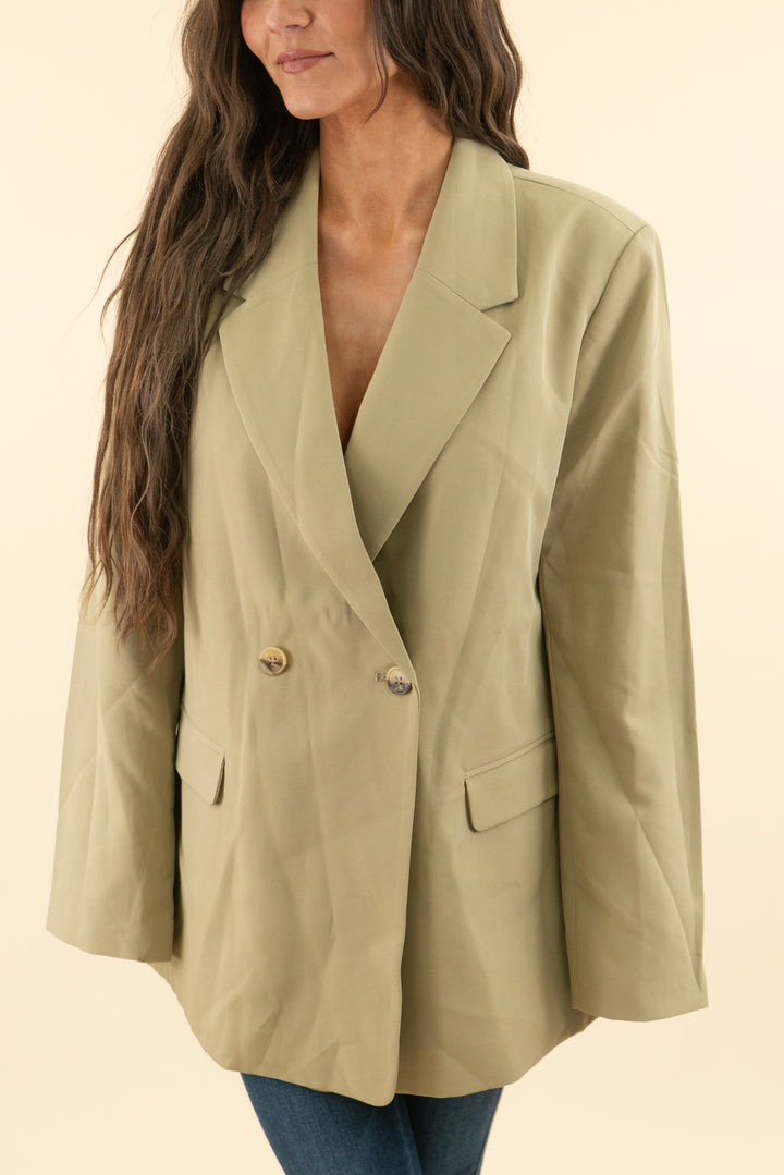 carly jean tan double breasted blazer (m; retail $98)