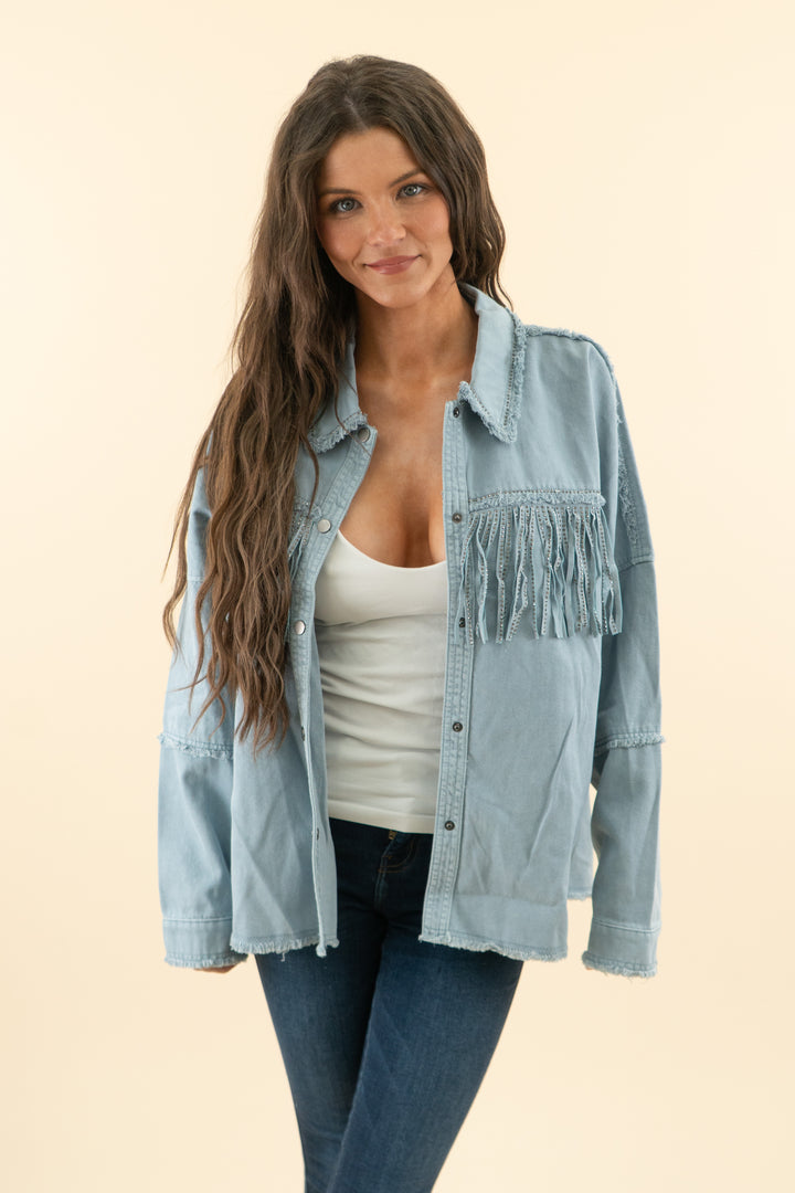 AUCTION zara light wash rhinestone fringe denim jacket (m)