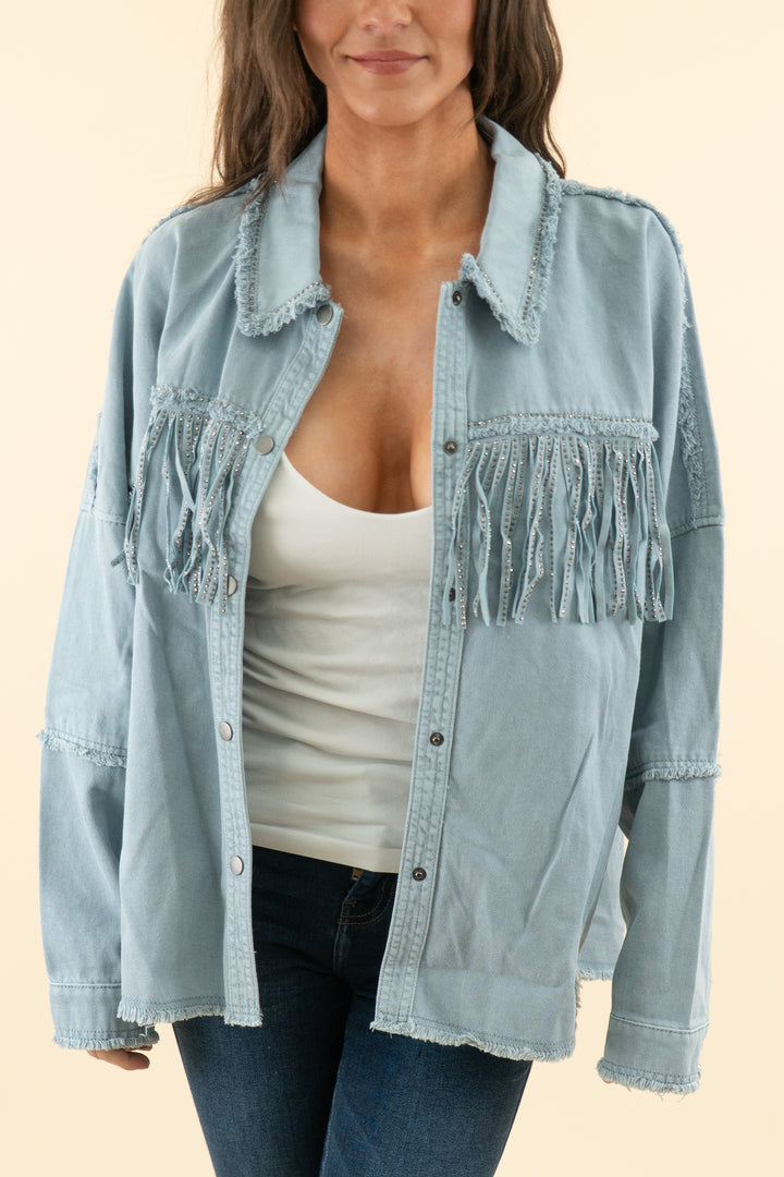 AUCTION zara light wash rhinestone fringe denim jacket (m)