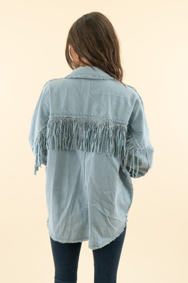AUCTION zara light wash rhinestone fringe denim jacket (m)