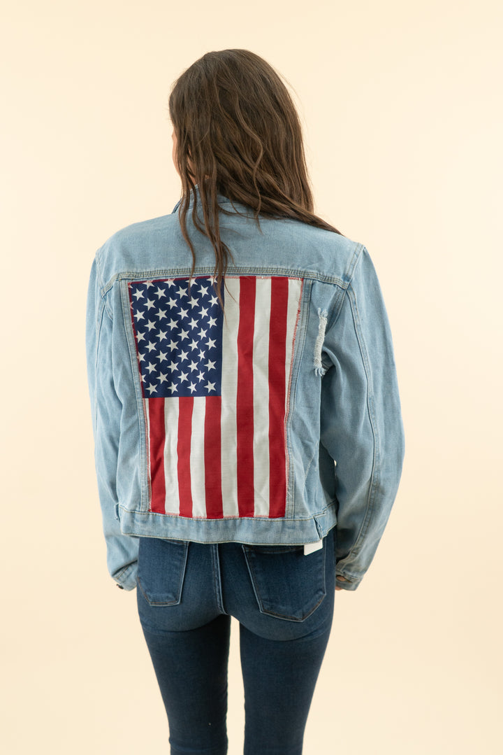 AUCTION three sons distressed medium wash denim jacket with american flag (s)