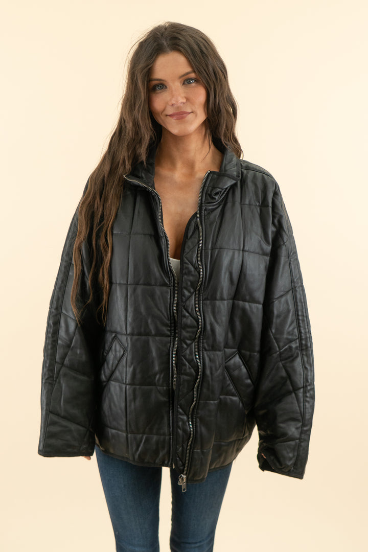 AUCTION free people black vegan leather quilted coat (m)