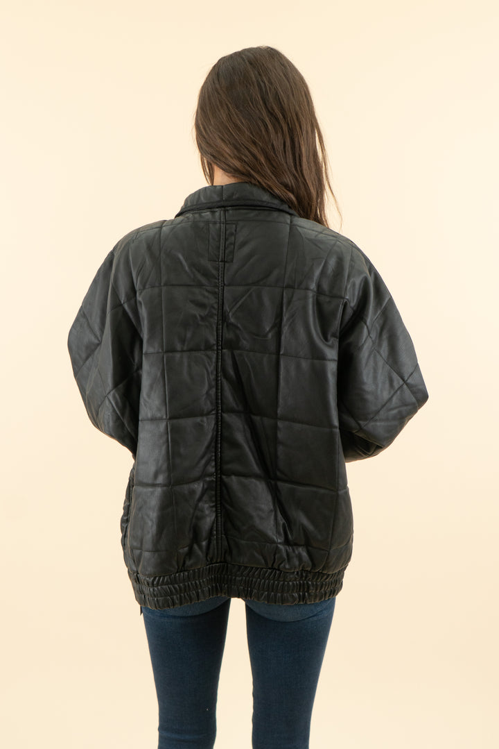 AUCTION free people black vegan leather quilted coat (m)