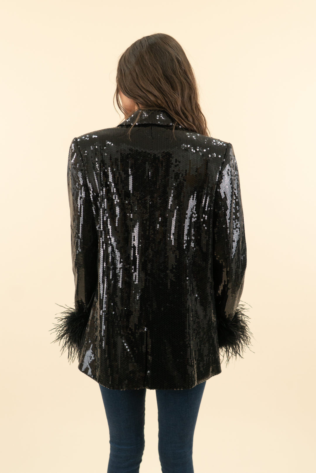 AUCTION nadine merabi black sequin blazer with feather cuff (m)