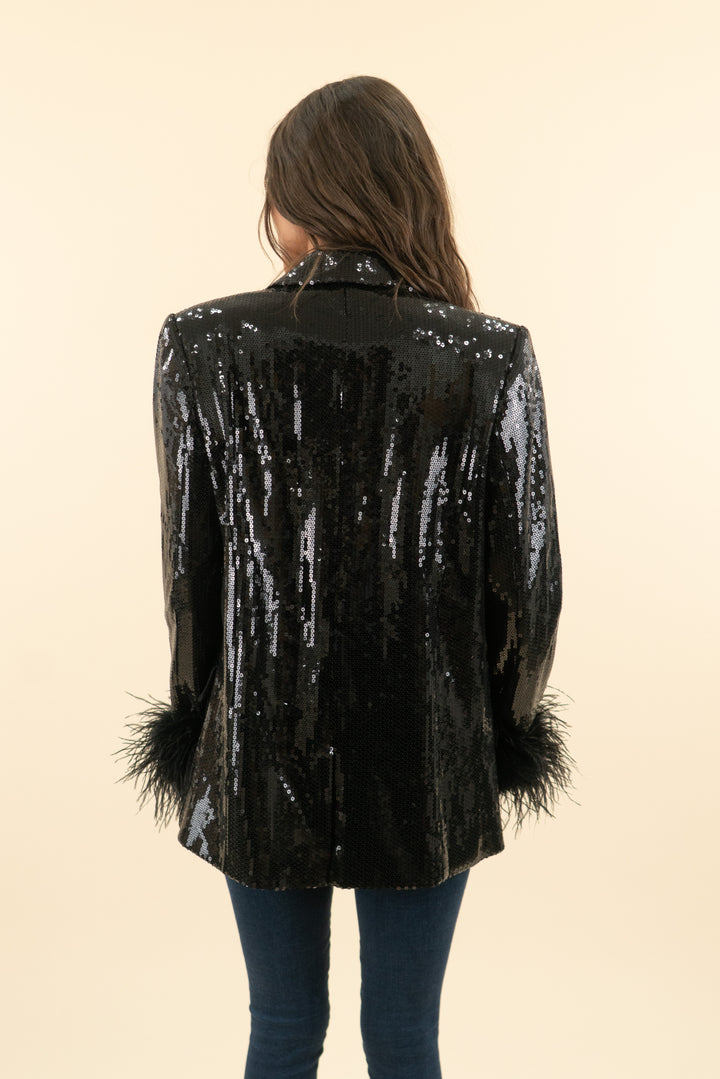 AUCTION nadine merabi black sequin blazer with feather cuff (m)