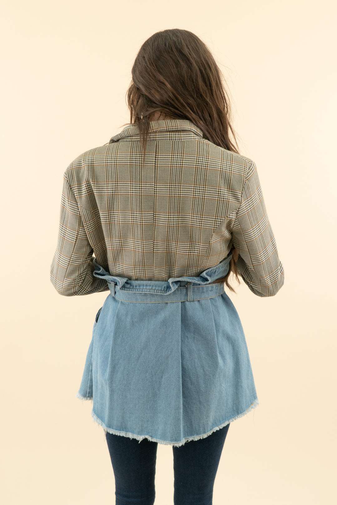 dream architect plaid/denim long sleeve mini dress (s; retail $150)